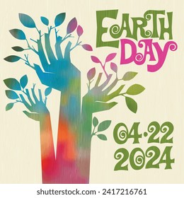 Earth Day April 22, 2024 retro design of raised hands sprouting branches and leaves. For posters, banners, social media, decor. 