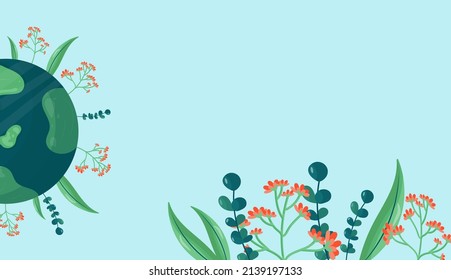 Earth Day is April 22. Banner International Mother Earth Day. Environmental protection. Vector illustration in cartoon style of the globe, flowers, leaves. For printing stickers, posters, postcards.