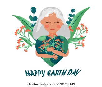 Earth Day is April 22. Banner girl embraces the globe. International Mother Earth Day. Environmental protection. Vector illustration in cartoon style.For printing stickers, posters, postcards.