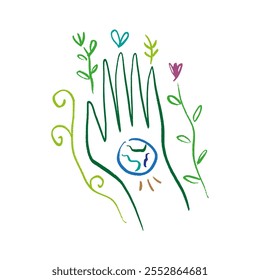 Earth Day April 22 clipart illustration hand. International Mother Planet Holiday celebration poster or postcard. Environmental problems and environmental protection. Vector caring for nature drawing