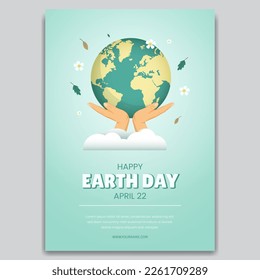 Earth day April 22 flyer with hands globe and flowers leaves illustration design