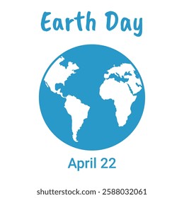 Earth Day, April 22. Image of planet Earth in flat simple style, vector illustration in blue colour.