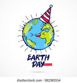 Earth Day. April 22. The trend calligraphy. Blue planet with a celebratory cap. Vector illustration on white background. Gift card