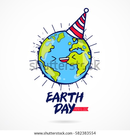 Earth Day. April 22. The trend calligraphy. Blue planet with a celebratory cap. Vector illustration on white background. Gift card