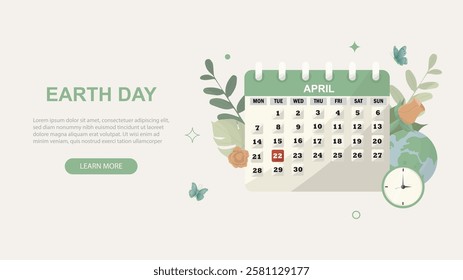 Earth Day April Calendar Banner with Nature Elements. Earth Earth day calendar. April 22 event. Eart day banner. Flat style. Vector illustration.