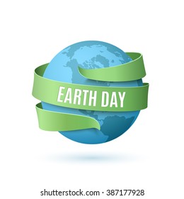 Earth day background with blue globe and green ribbon around, isolated on white background. Vector illustration.