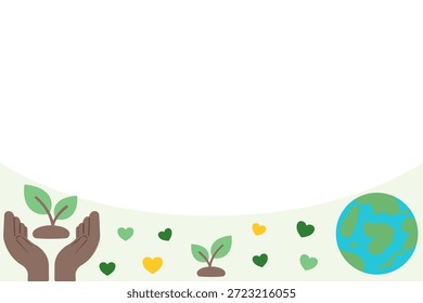 Fundo do Dia da Terra com espaço de cópia da borda inferior. Modelo de cuidado da natureza com mãos protegendo o globo e plantas. Layout de design plano vetorial para banner ambiental ou campanha mundial para salvar.
