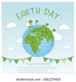 Earth Day Background concept. Flat Illustration design. hands holding a globe with buildings and trees. 