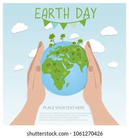 Earth Day Background concept. Flat Illustration design. hands holding a globe with buildings and trees. 