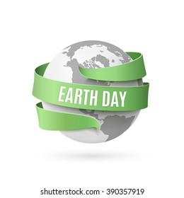 Earth day background with monochrome globe and green ribbon around, isolated on white background. Vector illustration.