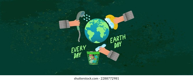 Earth Day banner. Earth Day, 22 April. Cleaning garbage and dirt from the planet earth. Dark green grunge texture.
