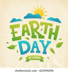 Earth day banner, 22nd April, sun with clouds and leaves, vector illustration graphic