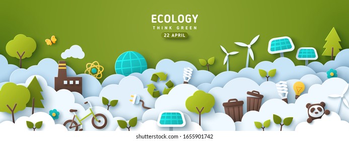 Earth Day banner, background with clouds and ecology icons in paper cut style. Vector illustration. Light bulbs, trees, wind turbine and solar panels. Place for text.
