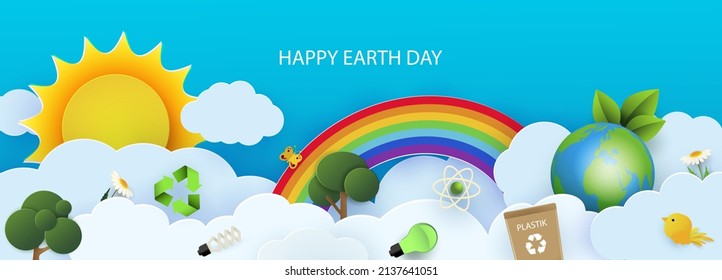 Earth Day banner, background with clouds and ecology icons in paper cut style. Light bulbs, trees, wind turbine and nature. Let s save the Earth. Vector illustration