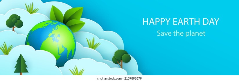 Earth Day banner, background with clouds, planet and trees in paper cut style. Vector illustration.