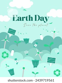 Earth Day banner, background with clouds and ecology icons in paper cut style for prints, flyers, covers, banners design. Eco concepts. Vector illustration.