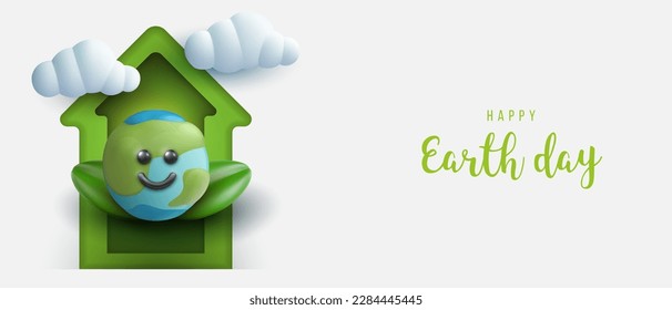 Earth day banner background. Composition in 3d realistic bright minimal style. Vivid cartoon concept design. Template for cover, poster, card, flyer. Colorful vector illustration.