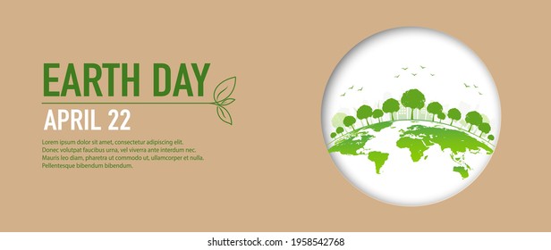 Earth Day banner of brown paper cut style and green city, Vector illustration