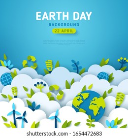 Earth Day banner or card, background with clouds and ecology icons in paper cut style. Vector illustration. Light bulbs, wind turbine and green leaves. Place for text