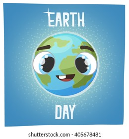 Earth day banner card. Happy funny cartoon earth with big glass eyes. Blue earth. Happy earth. 
