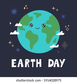 Earth Day banner, cute happy smiling planet with clouds and stars decoration. Fun globe, ecology and nature protect, template poster in hand drawn modern trendy flat cartoon style, vector illustration