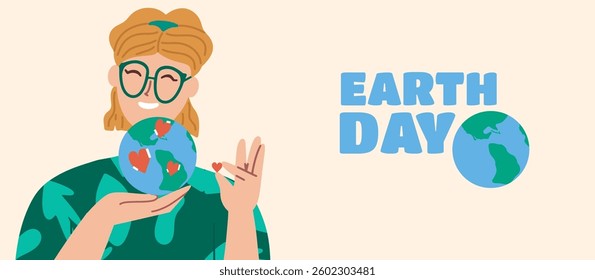 Earth Day banner with cute woman holding earth with heart stickers on it. Caring and loving the planet conceptual illustration