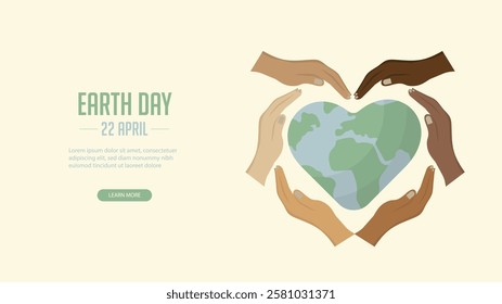 Earth day banner. Diverse Hands Forming Heart for Earth Day. Unity, environmental protection, and global togetherness for Earth Day. Inclusion concept. multinational people. Vector illustration