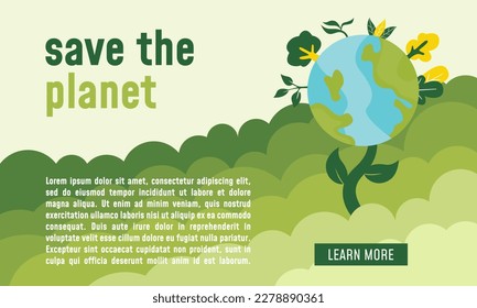 Pancarta del Día de la Tierra. El concepto ecológico. Ilustración vectorial. Concepto del Día de la Tierra. Antecedentes del Día Mundial del Medio Ambiente. Salven la tierra. Afiche del Feliz Día de la Tierra o fondo de la pancarta