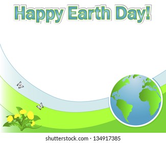 Earth Day banner with the globe; dandelions and butterflies. Vector illustration.