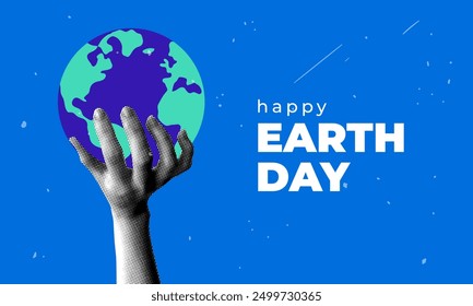 Earth day banner. Modern collage with halftone hand holding Earth. Environment and nature conservation concept. Y2k style. Trendy newspaper elements. Taking care of the planet Earth