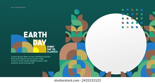 Earth day banner. Modern geometric abstract background in environmental colors for Earth Day. Happy Earth Day vector illustration for awareness together in using plastic.