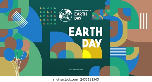 Earth day banner. Modern geometric abstract background in environmental colors for Earth Day. Happy Earth Day vector illustration for awareness together in using plastic.