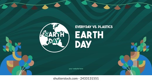 Earth day banner. Modern geometric abstract background in environmental colors for Earth Day. Happy Earth Day vector illustration for awareness together in using plastic.