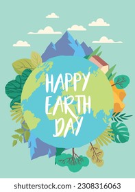 Earth Day banner. Planet with inscription. International festival 22 April. Care for nature, sustainable and zero waste lifestyle. Template, layout and mock up. Cartoon flat vector illustration