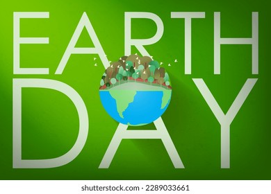 Earth Day Banner Poster. Earth with 3d illustration of wildlife forest and flock of birds on green background and Earth Day giant typography. Vector Illustration. EPS 10.