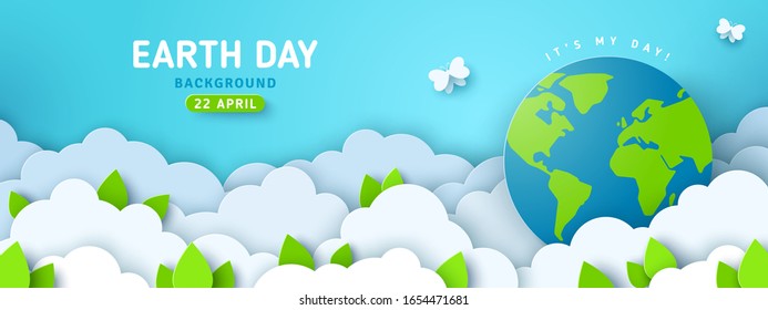 Earth Day banner or poster with paper cut clouds in blue sky. Background with green leaves, butterfly and globe. Vector illustration. Place for text.
