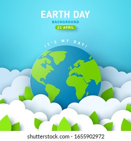 Earth Day banner or poster with paper cut clouds in blue sky. Background with green leaves and globe. Vector illustration. Place for text.