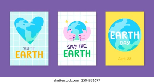 Earth day banner set. Cartoon poster collection with world globe for kids.