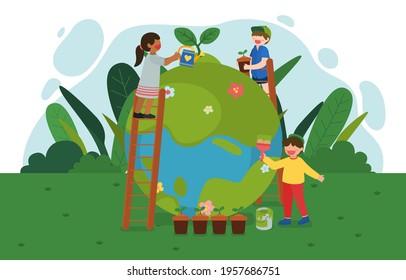 Earth day banner with smiley boy and girl watering to planting forest and painting,  Concept Help reduce global warming in cartoon character, isolated vector illustration