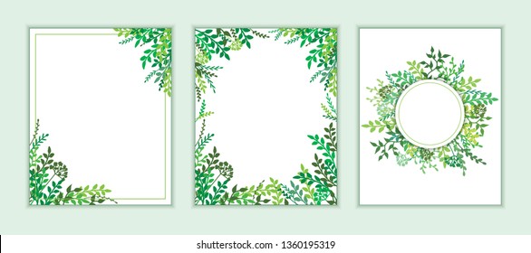 Earth Day banner with spring green leaves, branches. Wedding floral invitation, save the date card design with forest greenery herbs, foliage. Vector frame natural, botanical border, elegant template.