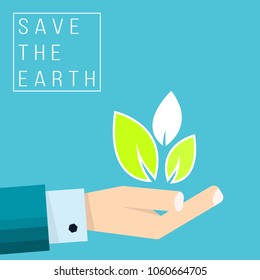 Earth Day banner. Vector illustration with the words, hand and planet. Save the Earth concept. Hand drawn illustration in flat style