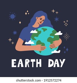 Earth Day banner, woman hugging a planet with clouds and stars decoration. Mother nature holding a globe, ecology and nature protect, poster in modern trendy flat cartoon style, vector illustration