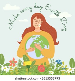 Earth Day banner, woman hugs planet, ecology and nature protection. Woman - nature holds globe, hand drawn poster in modern trendy flat cartoon style, vector illustration .