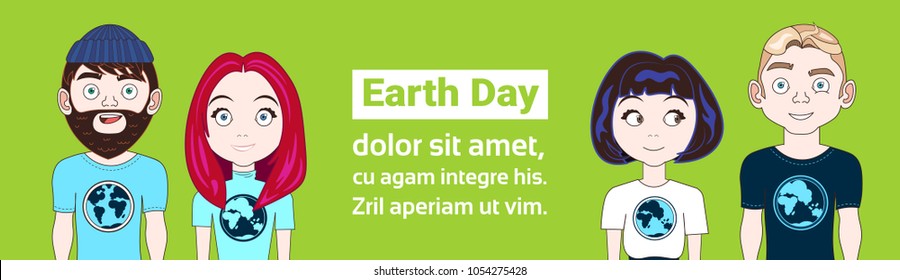 Earth Day Banner Young People Wearing T-Shirts With Globe Image Planet Protection Concept
