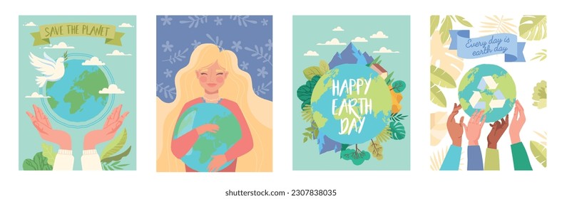 Earth day banners set. Caring for nature and environment, ecology, planet. Zero waste, recycling and reuse, sustainable lifestyle. Cartoon flat vector collection isolated on white background
