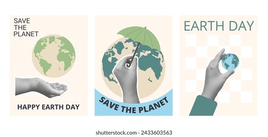 Earth day banners set. Save the planet retro posters. Templates for holiday design. Vector illustration.