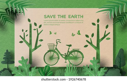 Earth Day, a bicycle banner design, save the planet and energy concept, paper illustration, and 3d paper.