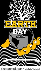 Earth Day with black background and yellow and white lettering.