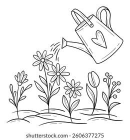 Earth Day black and white illustration, garden coloring page, watering can waters the flowers, eco friendly background, growing flowers line art, nature care drawing, environmental protection