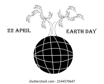 earth day black and white vector with black globe and tree and words 22 april earth day